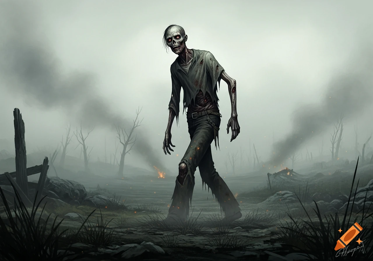 A decaying zombie with glowing red eyes walks through a foggy, desolate landscape with dead trees and distant fires, in a dark, illustrative style.