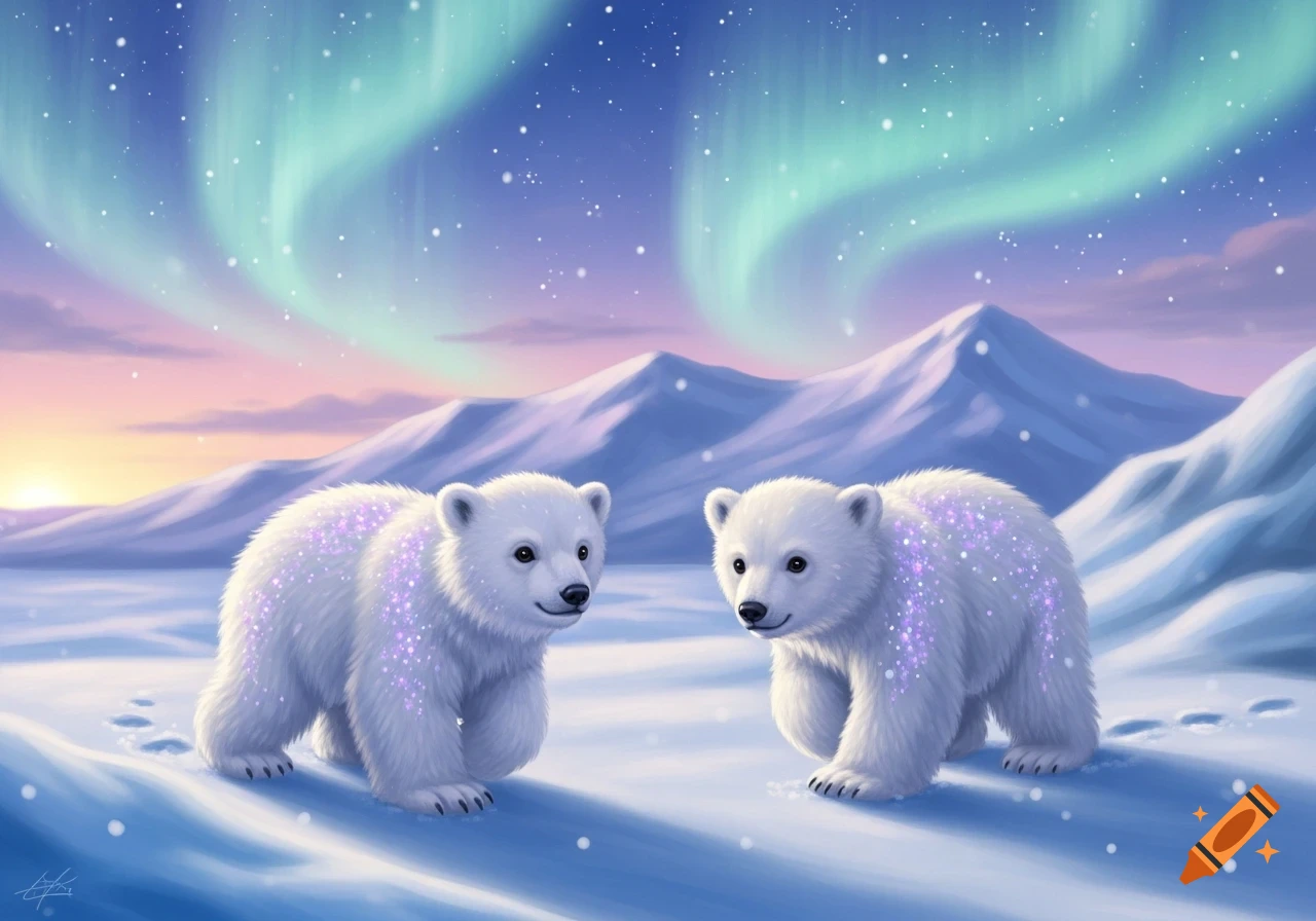 Two fluffy baby polar bears with purple glitter on fur stand in a snowy arctic landscape under a vibrant green aurora borealis at sunrise, illustrated.
