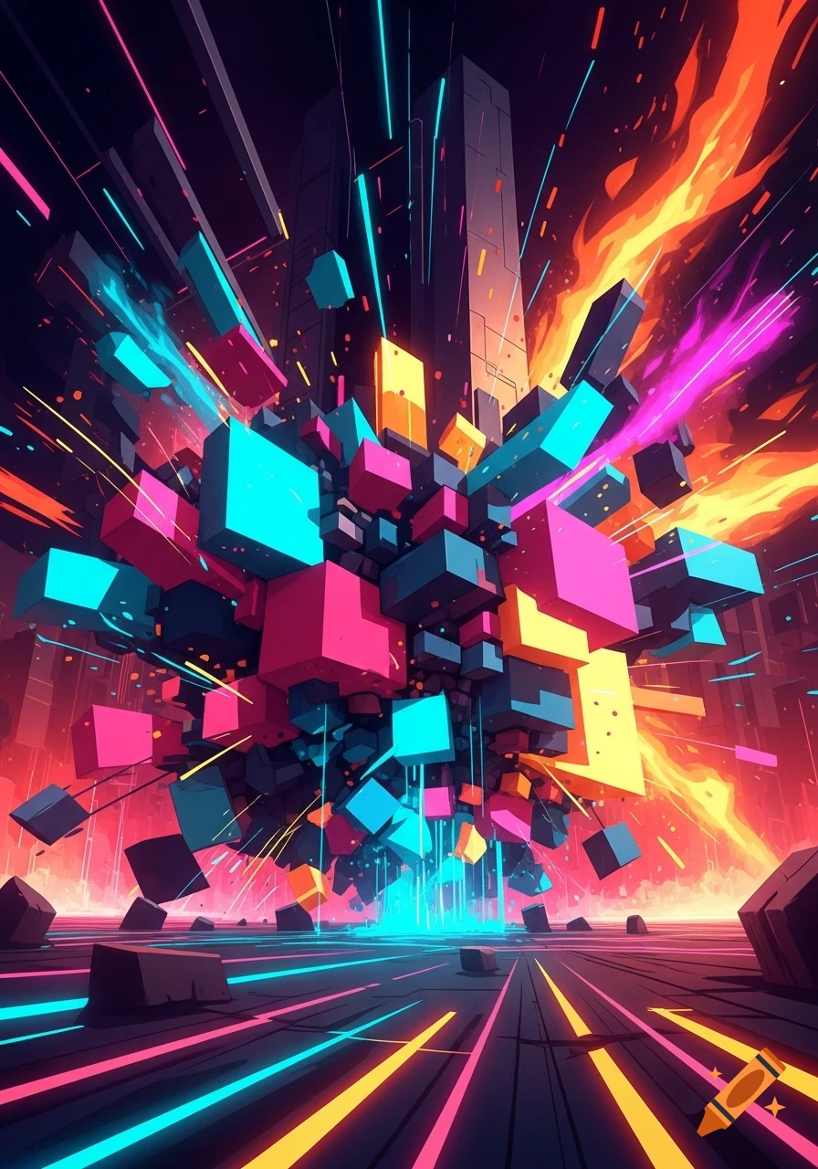 Digital art of an explosion of glowing pink, blue, and yellow cubes bursting from a dark cityscape with neon light trails and fire.
