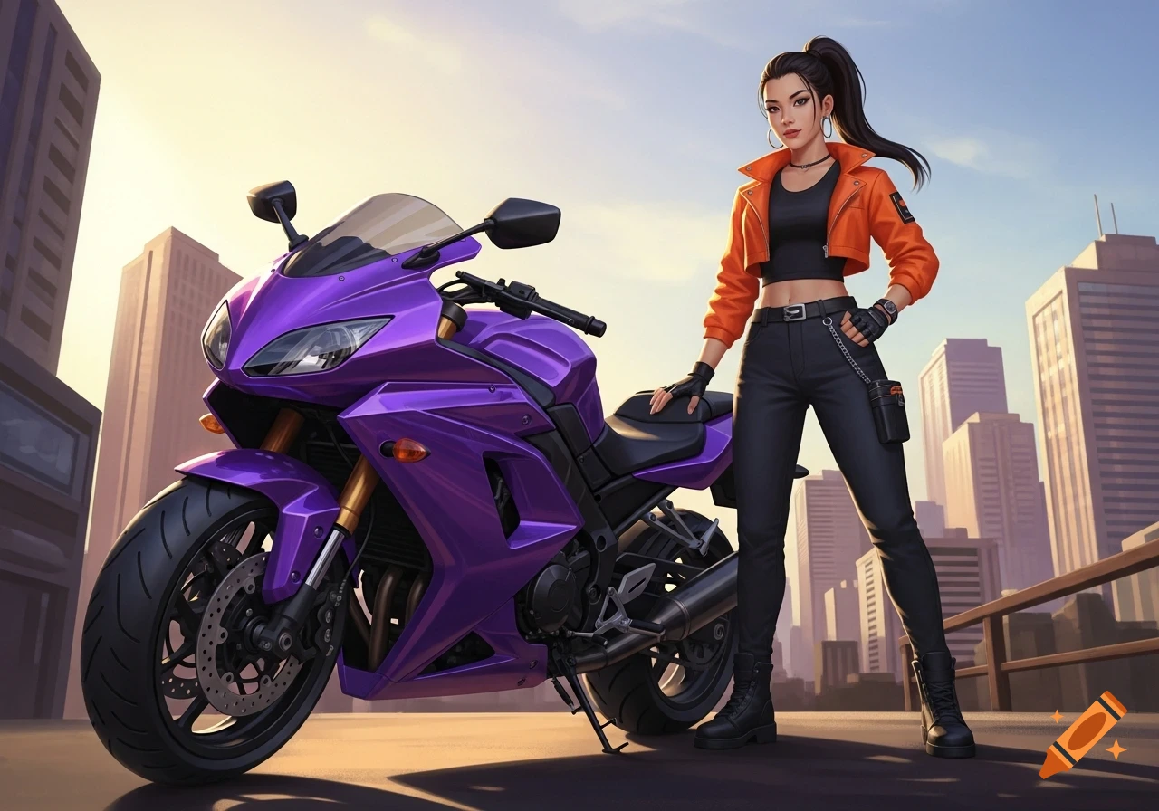 Animated Asian woman in an orange jacket and black top stands beside a purple motorcycle on a city rooftop at sunset.