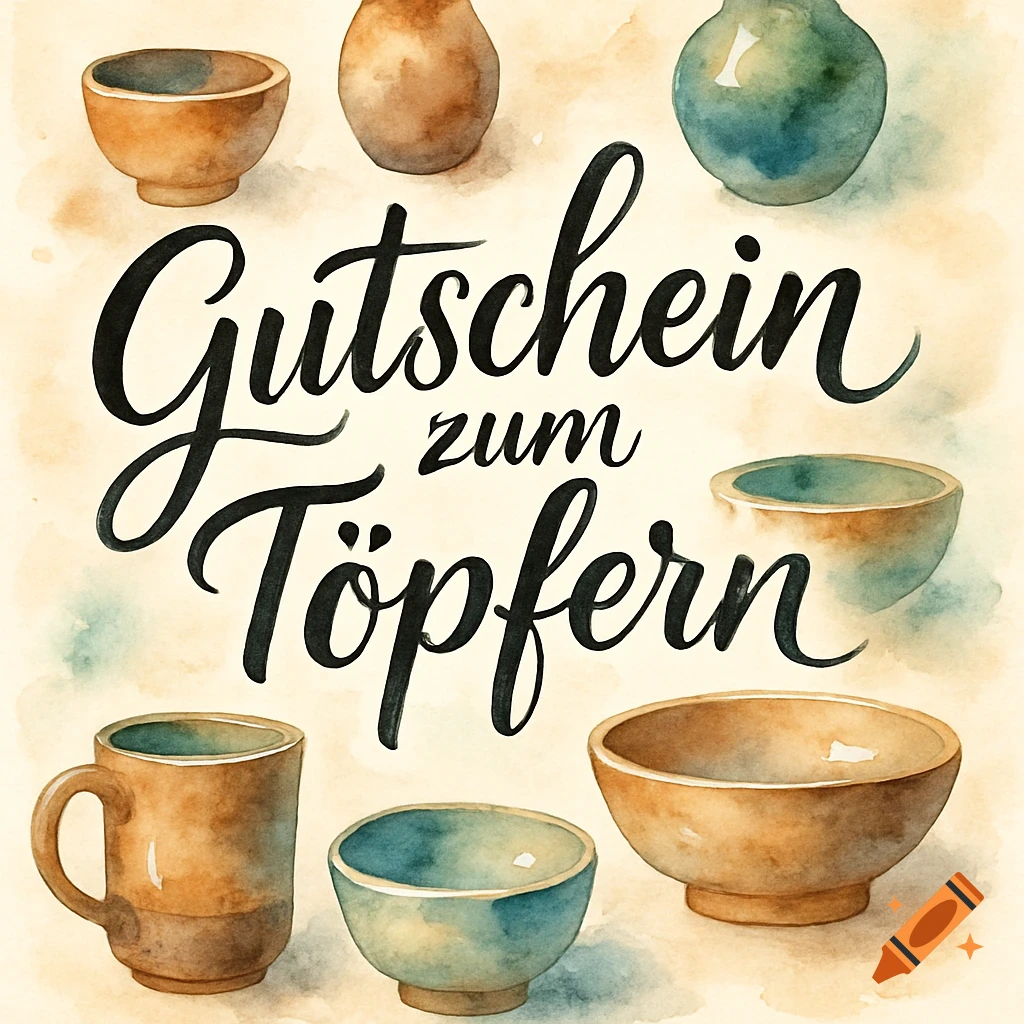 Watercolor style gift voucher for pottery, featuring bowls, vases, and mugs in earthy and blue tones around the text "Gutschein zum Töpfern".