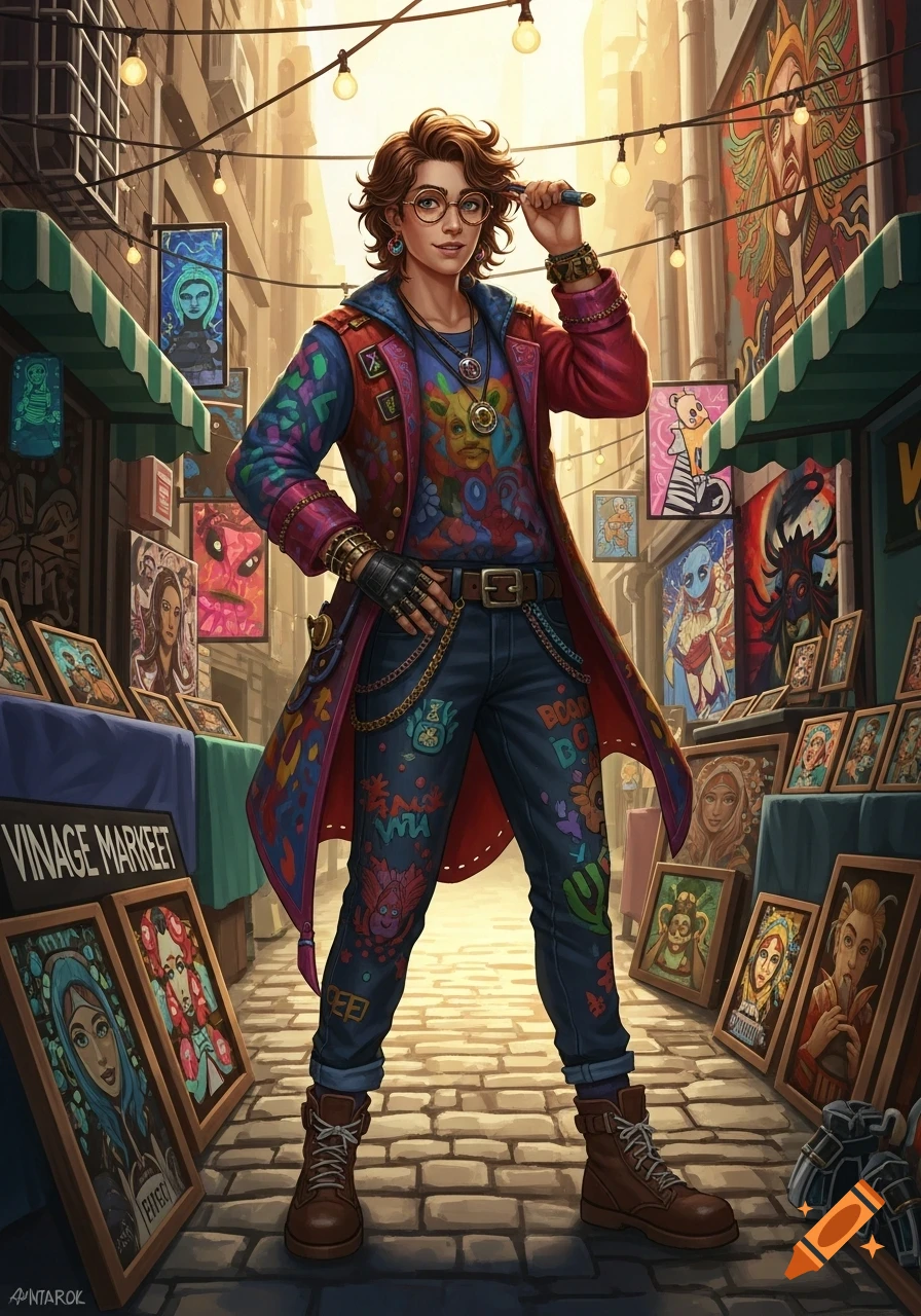 A vibrant artist with glasses and colorful clothes stands in a bustling street market filled with artwork.