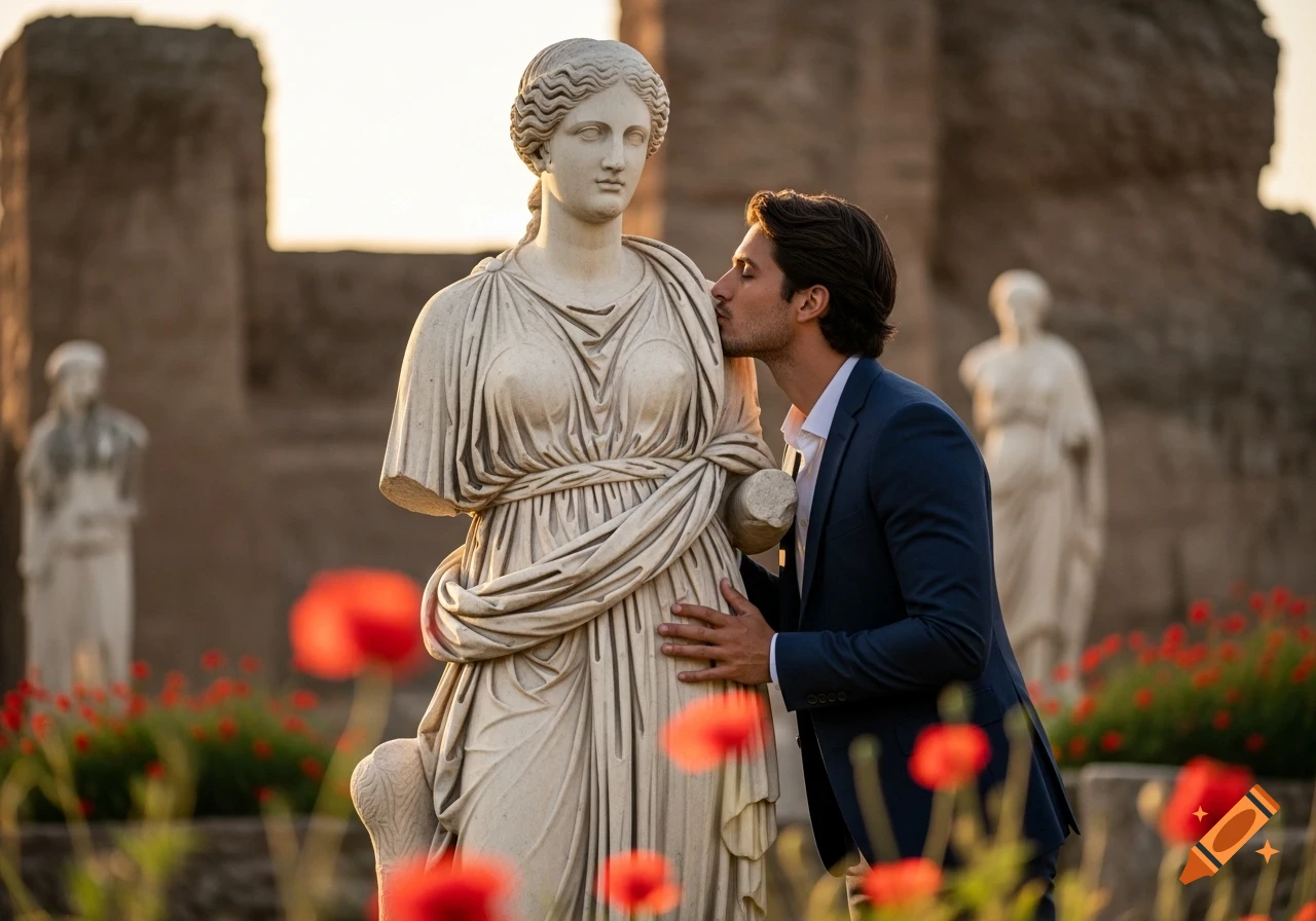 A man in a blue suit gently kisses a classical white Roman sculpture of a woman in an ancient garden with red poppies at sunset.