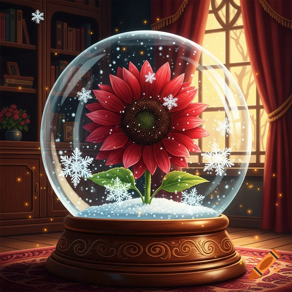 A vibrant red sunflower inside a snow globe, surrounded by falling snowflakes, set in a cozy room with bookshelves and a window.