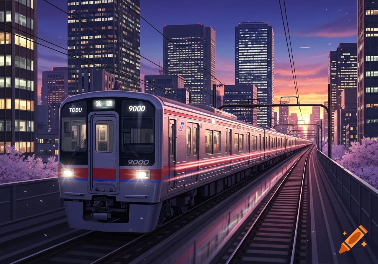 An anime-style cityscape at sunset with a Tobu 9000 series train on elevated tracks surrounded by skyscrapers and cherry blossoms.