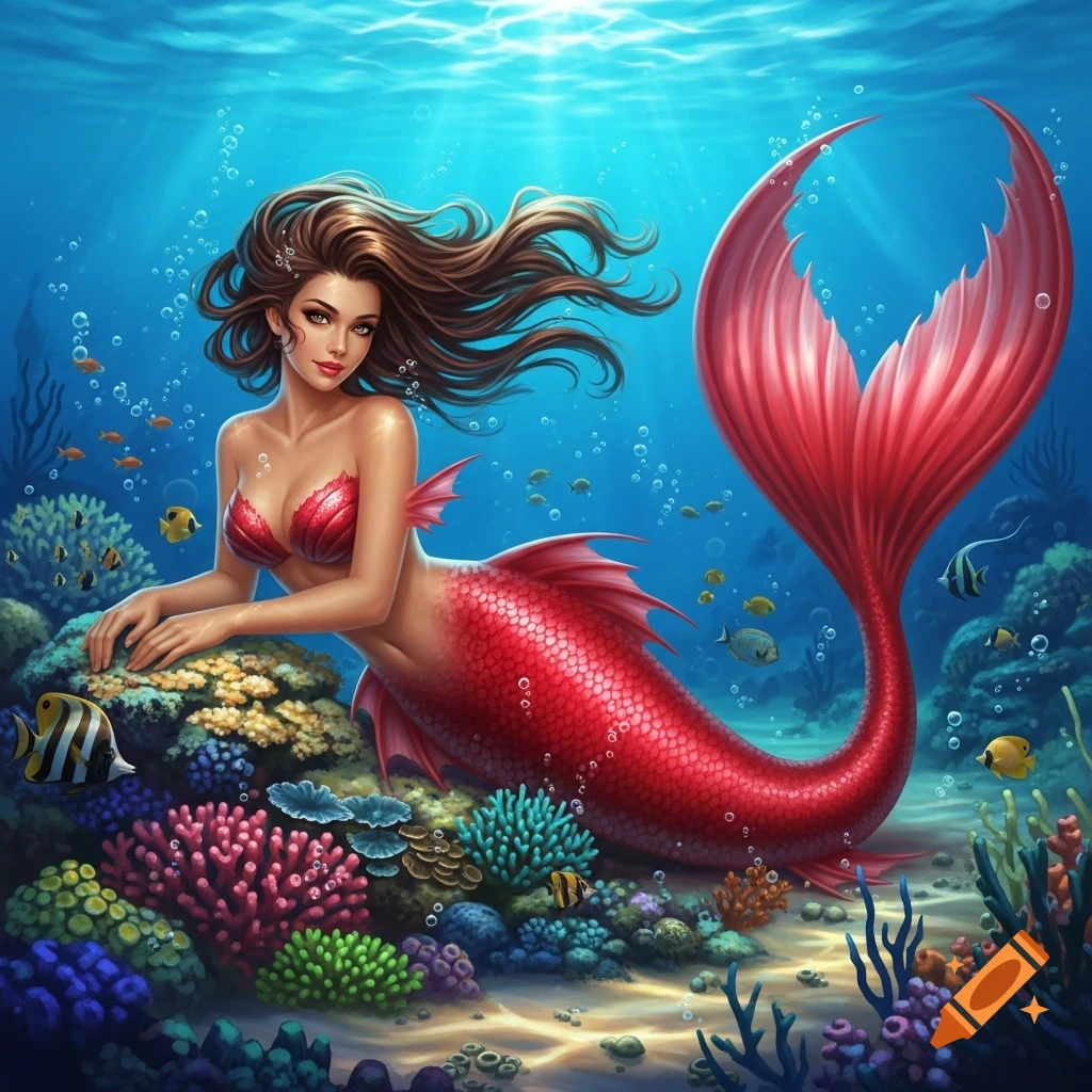 A beautiful mermaid with long brown hair and a red tail rests on vibrant coral in a clear blue underwater scene with tropical fish.