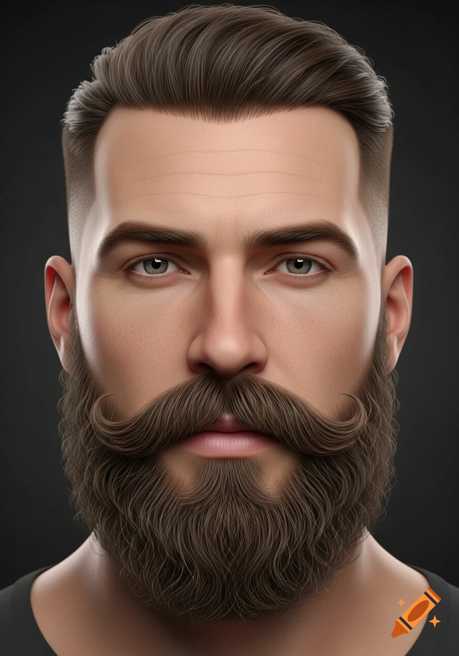 Close-up photorealistic portrait of a man with a short boxed beard and a well-defined, naturally curved mustache.