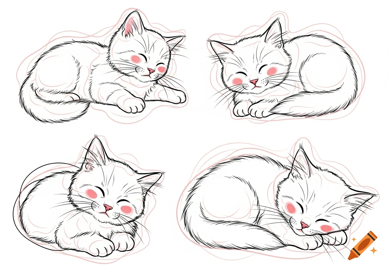 Four cute, fluffy cartoon kittens sleeping, sketched in black outline with pink accents.