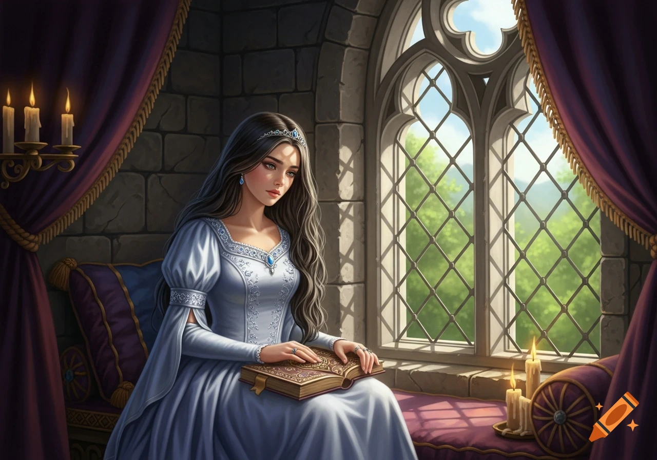 A young princess with long dark hair sits by a gothic castle window, holding a book, looking pensive.