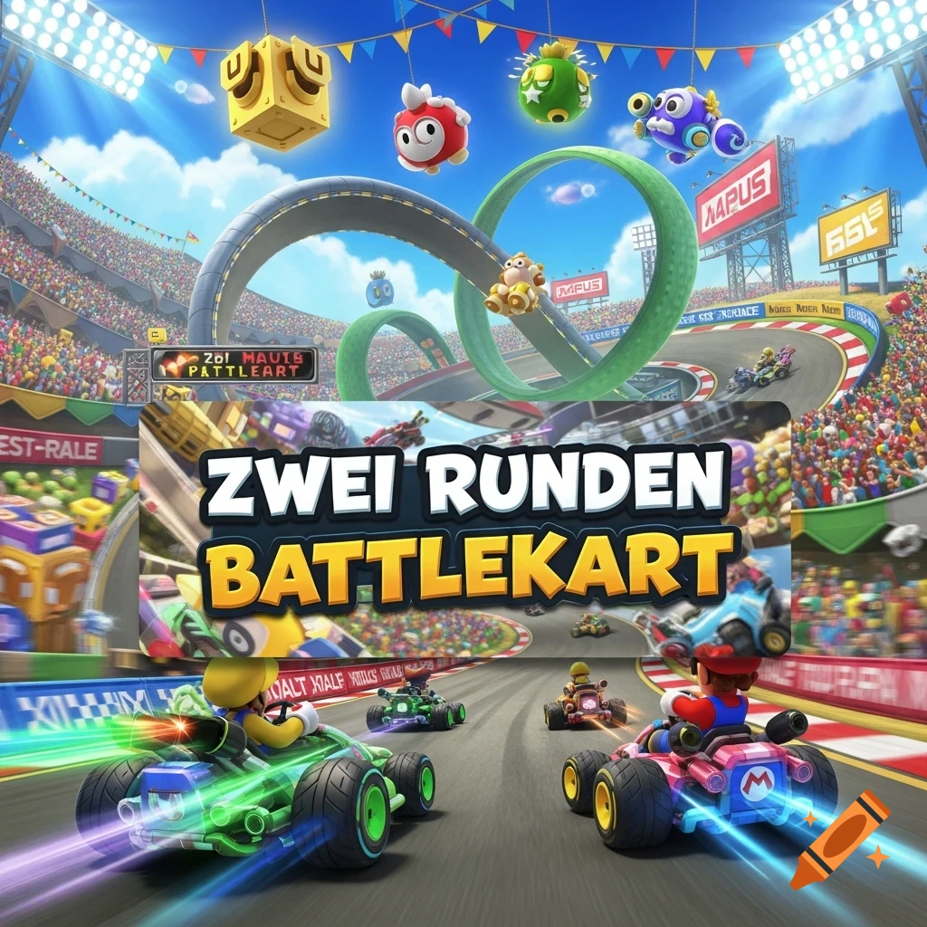 Mario and Luigi racing go-karts on a colorful track with loops and spectators. The central text reads "ZWEI RUNDEN BATTLEKART".