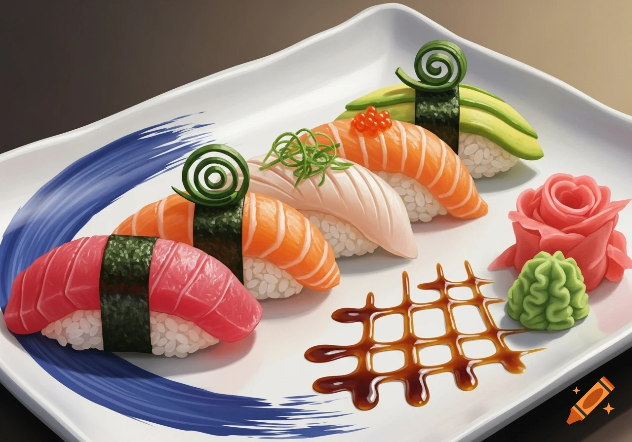 A plate of stylized nigiri sushi including tuna, salmon, and avocado, with ginger, wasabi, and soy sauce drizzle.