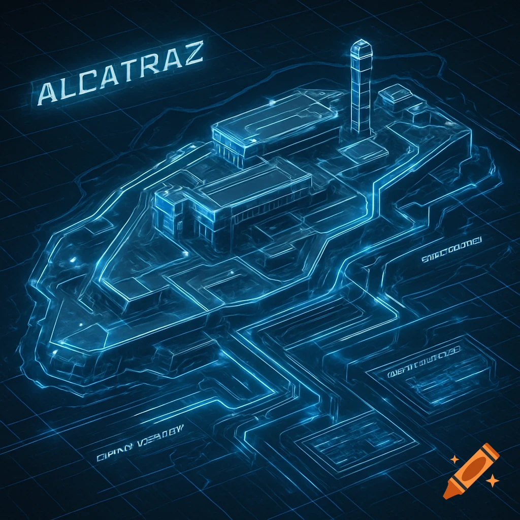 A futuristic blueprint of Alcatraz prison, seen from a top-down perspective with glowing blue lines against a dark background.