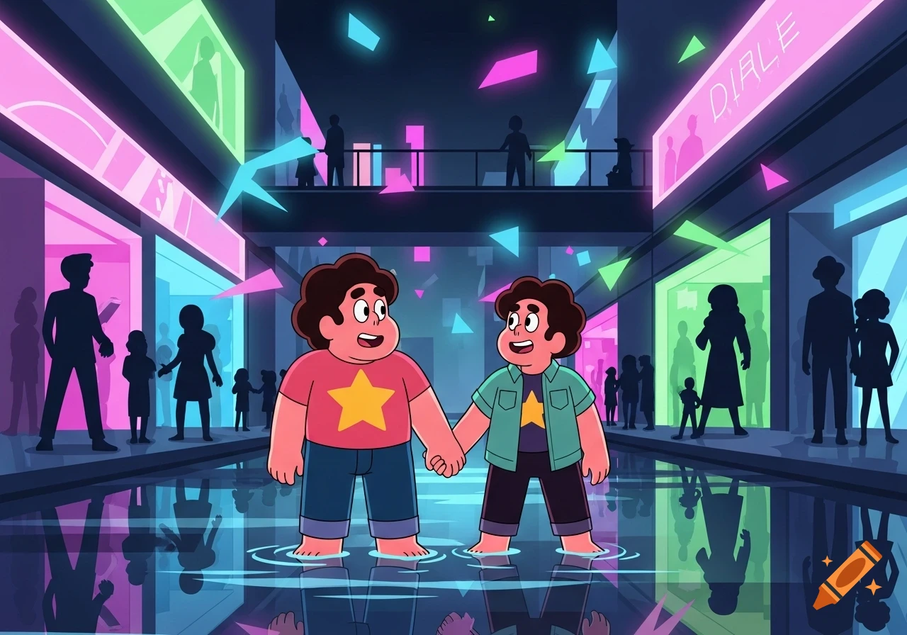 Steven Universe and a similar character hold hands, wading in reflective water inside a neon-lit shopping mall, in a vibrant cartoon style.