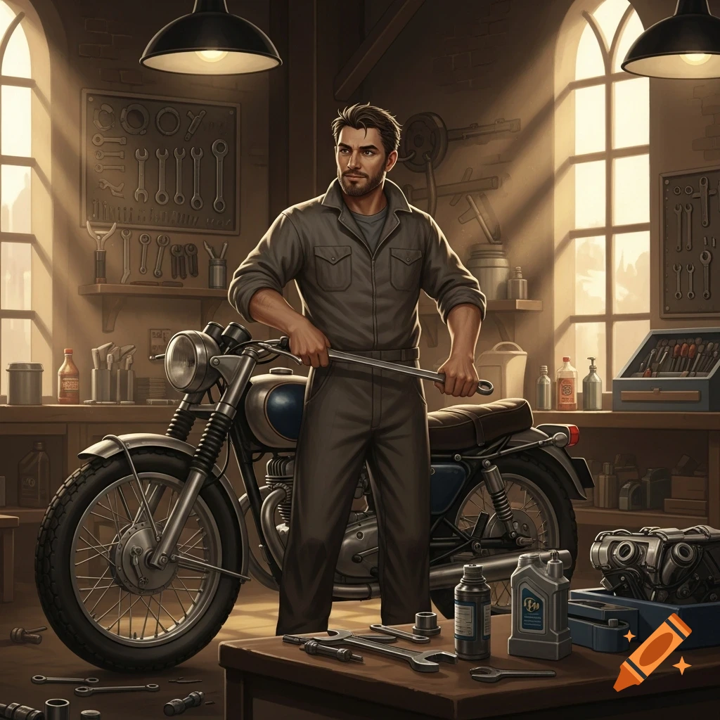 A man in mechanic overalls stands by a vintage motorcycle in a sunlit workshop, holding a large wrench. Tools and oil containers are on a table.