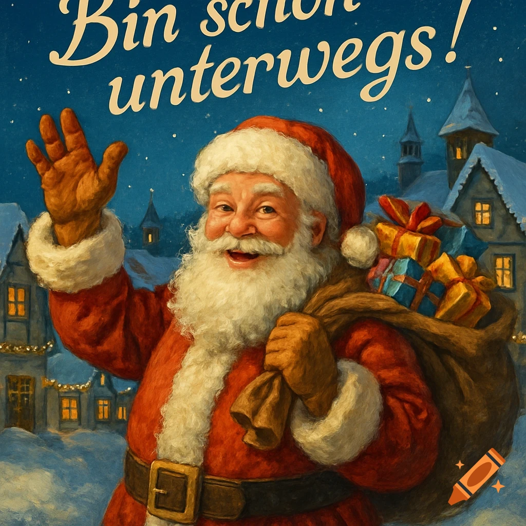 A vintage-style illustration of a smiling Santa Claus waving, holding a sack of gifts, in a snowy village at night with the text "Bin schon unterwegs!".