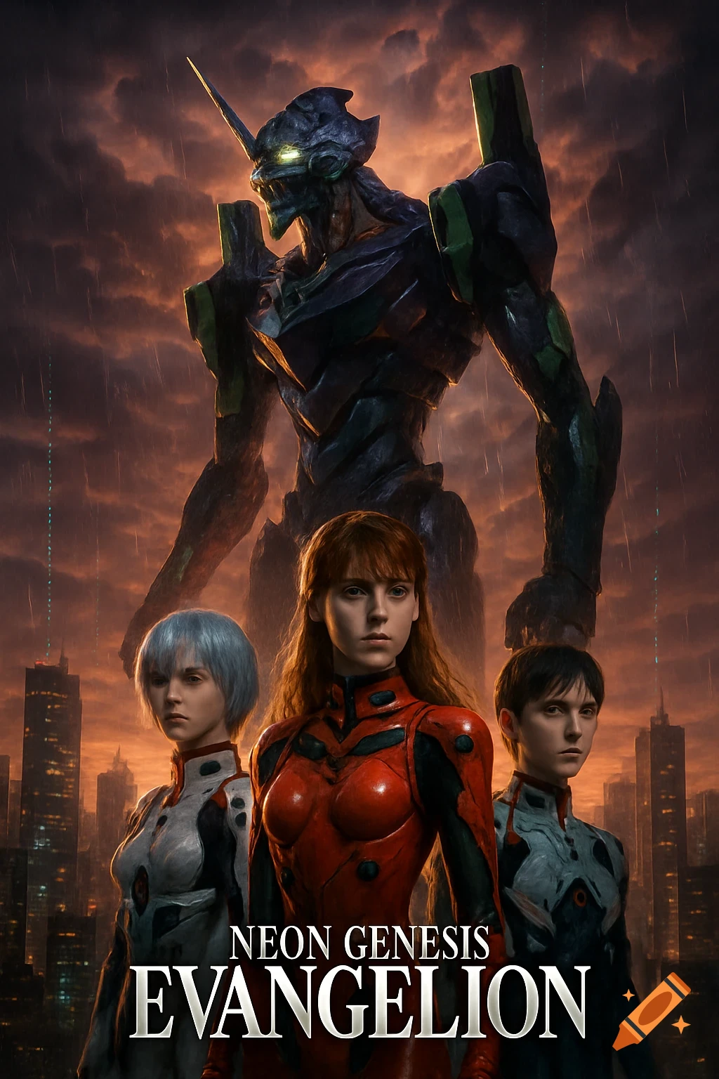 Live-action movie poster for Neon Genesis Evangelion, with a large mech looming over three young pilots in futuristic suits in a rainy city.
