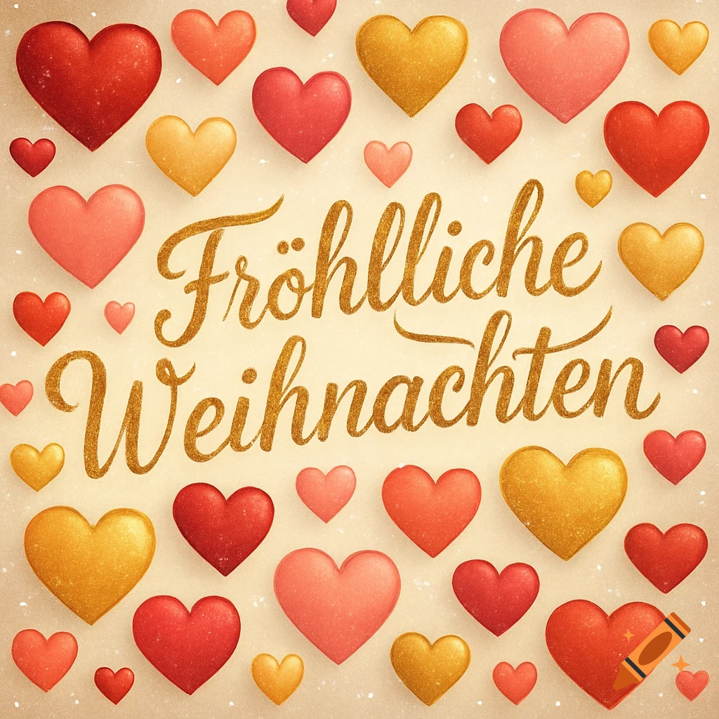 Glittering 'Fröhliche Weihnachten' text surrounded by red and gold gradient hearts on a cream background.