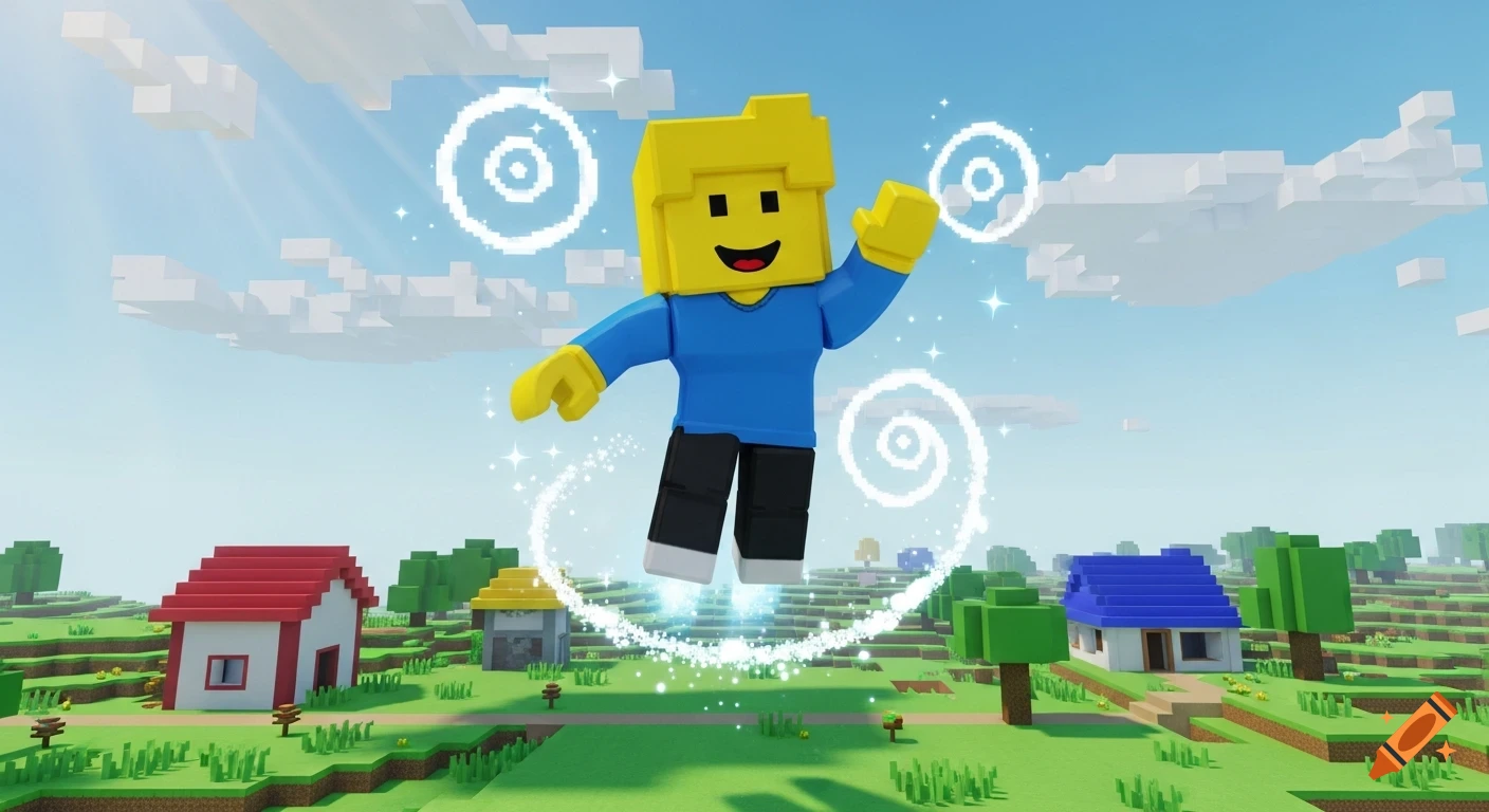 A blocky Roblox Noob character waving and flying above a pixelated landscape with houses and trees.