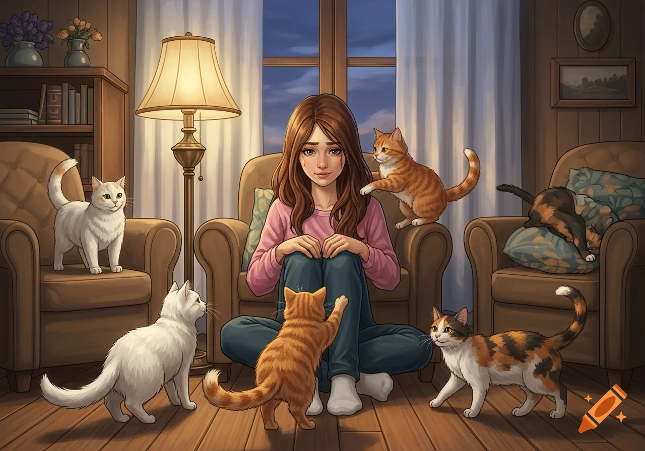An illustration of a young woman sitting on the floor surrounded by five cats in a cozy living room.