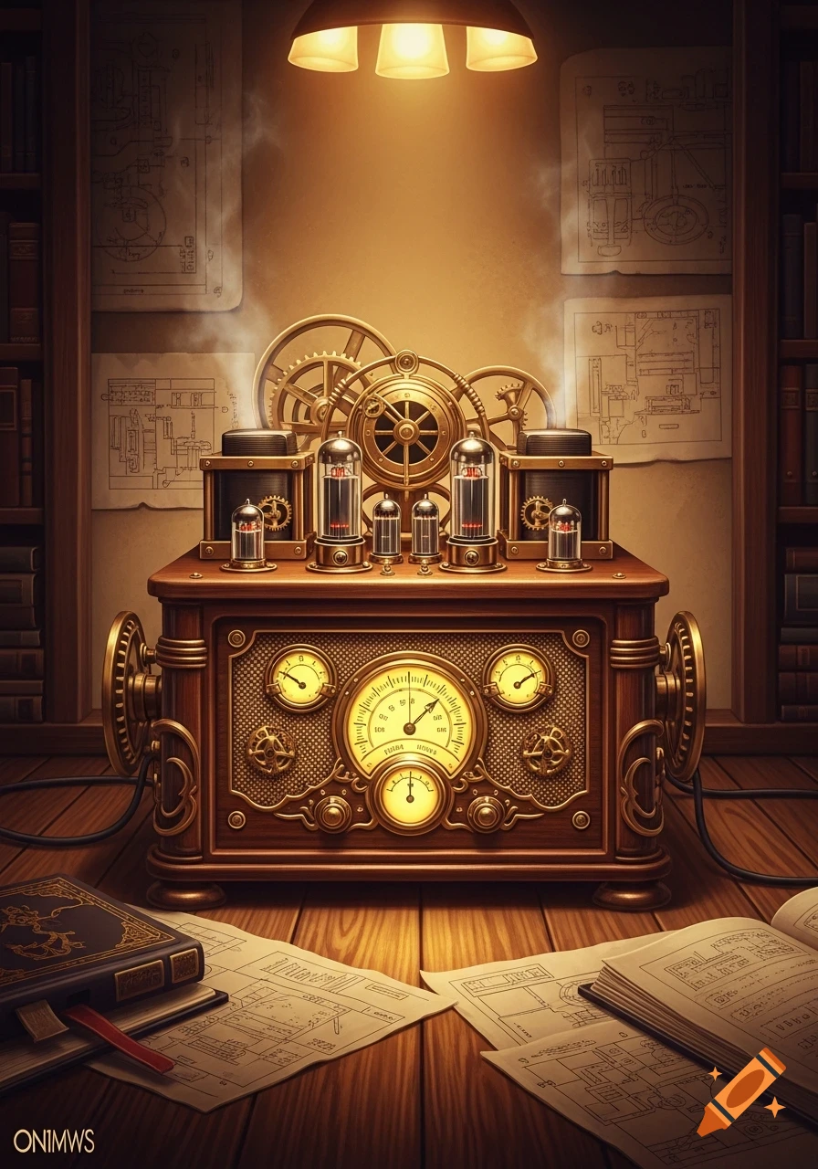 A detailed steampunk machine with gears, vacuum tubes, and gauges sits on a wooden desk, surrounded by blueprints and books under warm light.