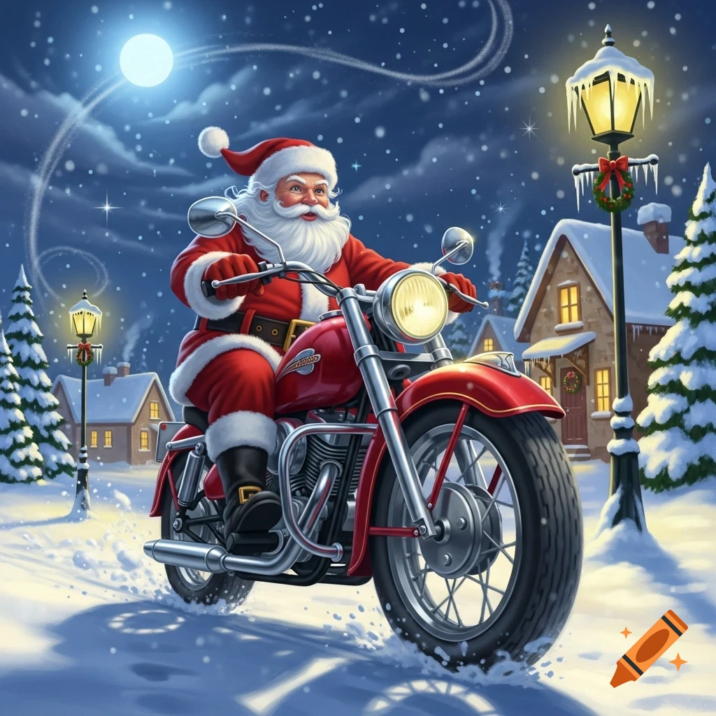 Santa Claus rides a red motorcycle through a snowy village at night under a full moon, festive illustration.