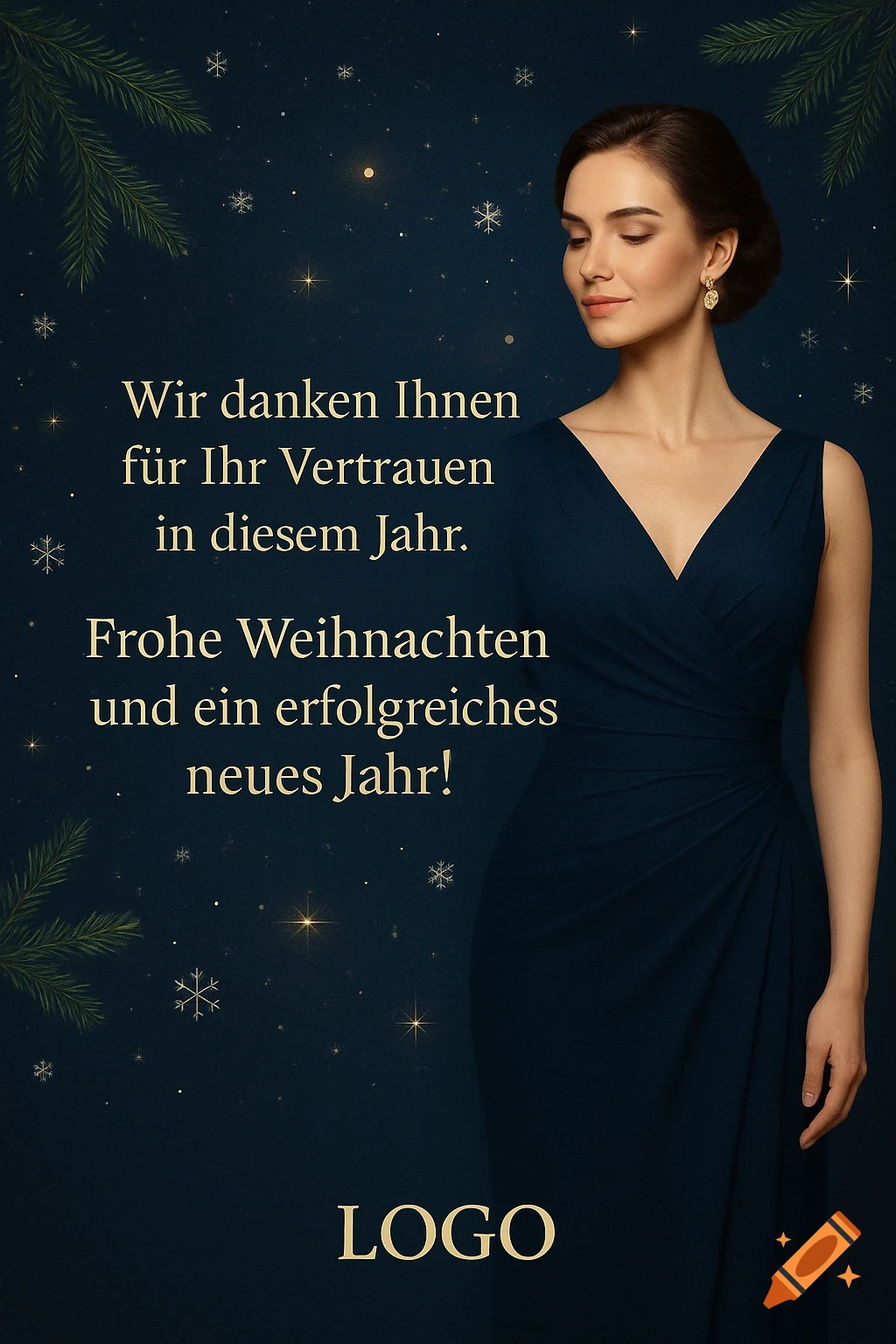 A woman in a dark blue elegant dress on a starry, snowy background with pine branches and a German Christmas greeting.