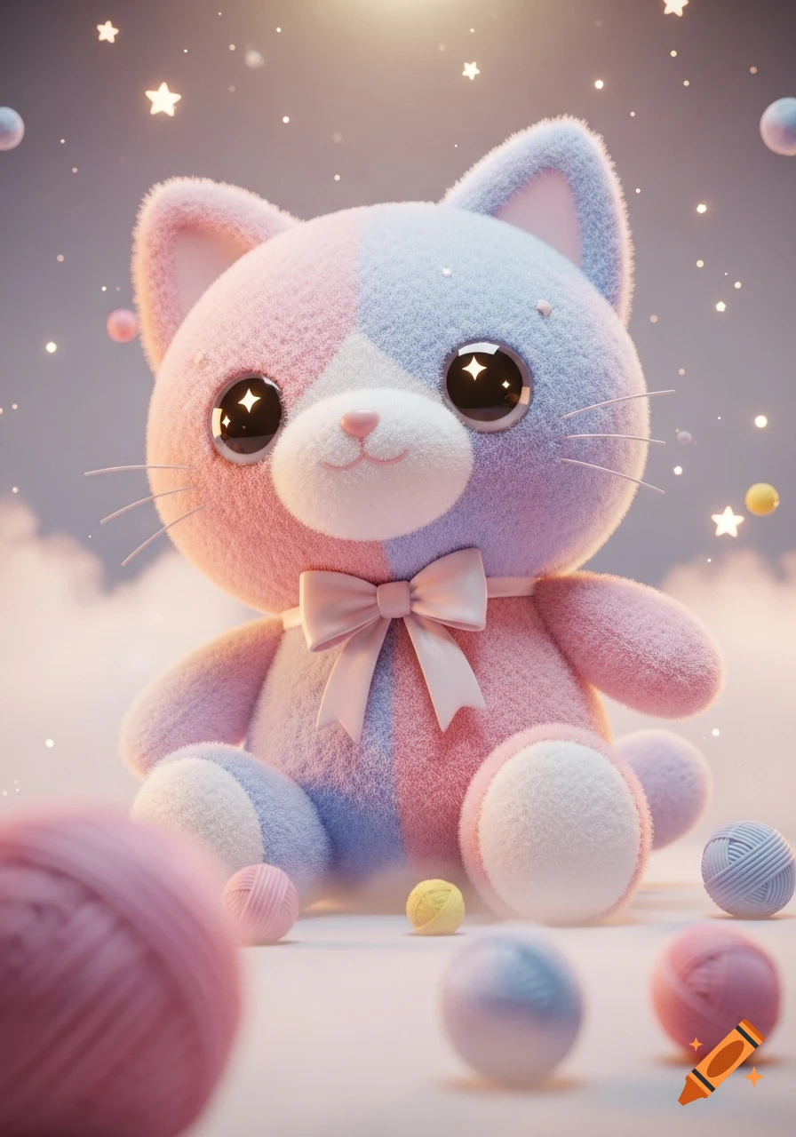 A cute 3D rendered pastel pink and blue plush cat with sparkling eyes, wearing a pink bow, surrounded by yarn balls and stars.