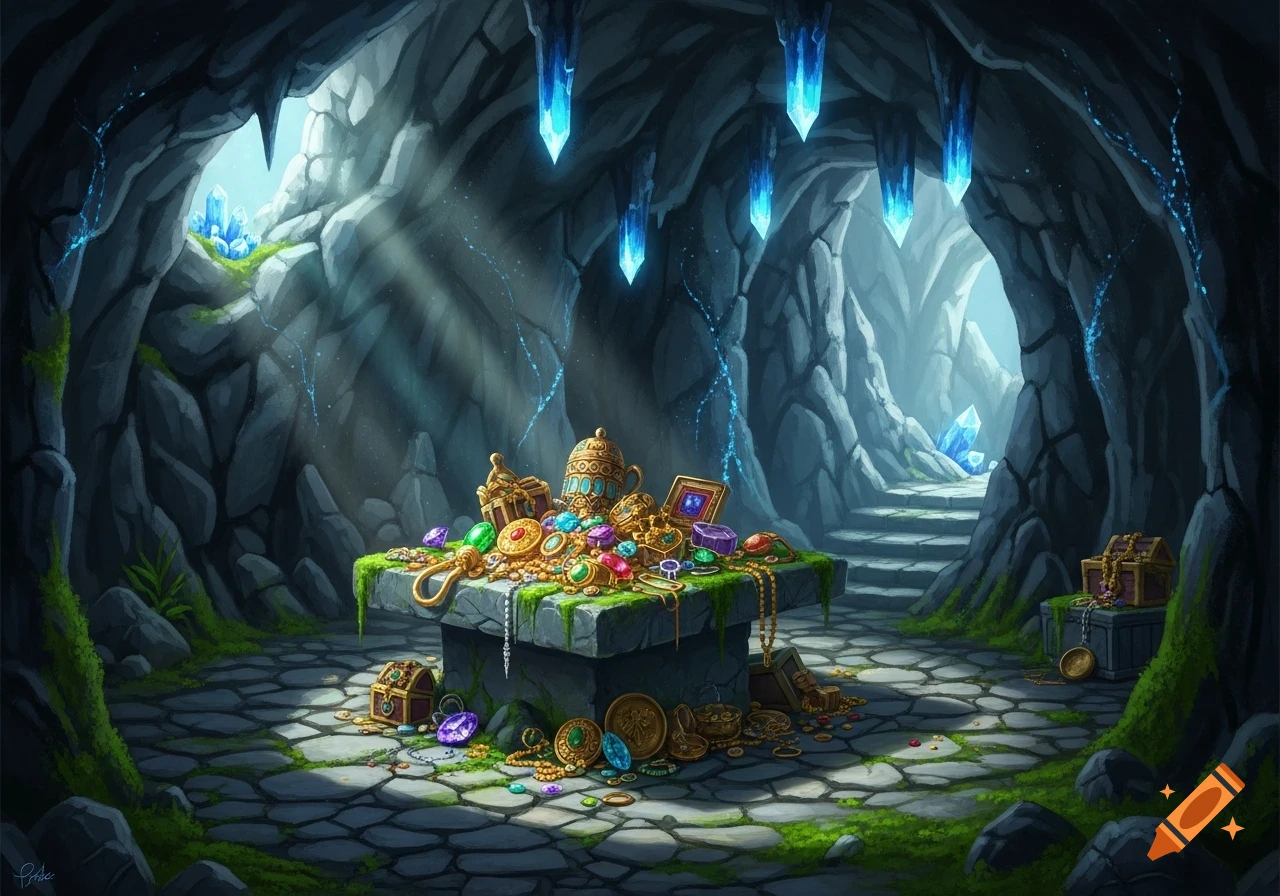 A stylized cave illustration with a stone table piled high with gold, jewels, and necklaces, illuminated by light rays from above.