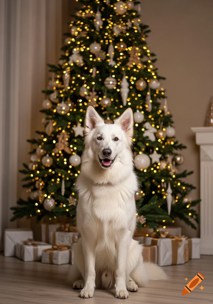 Photorealistic image of a white shepherd dog sitting in front of a brightly lit Christmas tree with gifts.