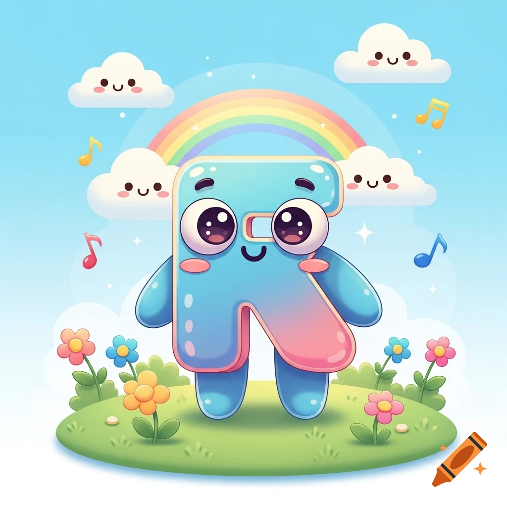 A friendly cartoon letter R with a face, standing in a field of flowers under a rainbow and smiling clouds.