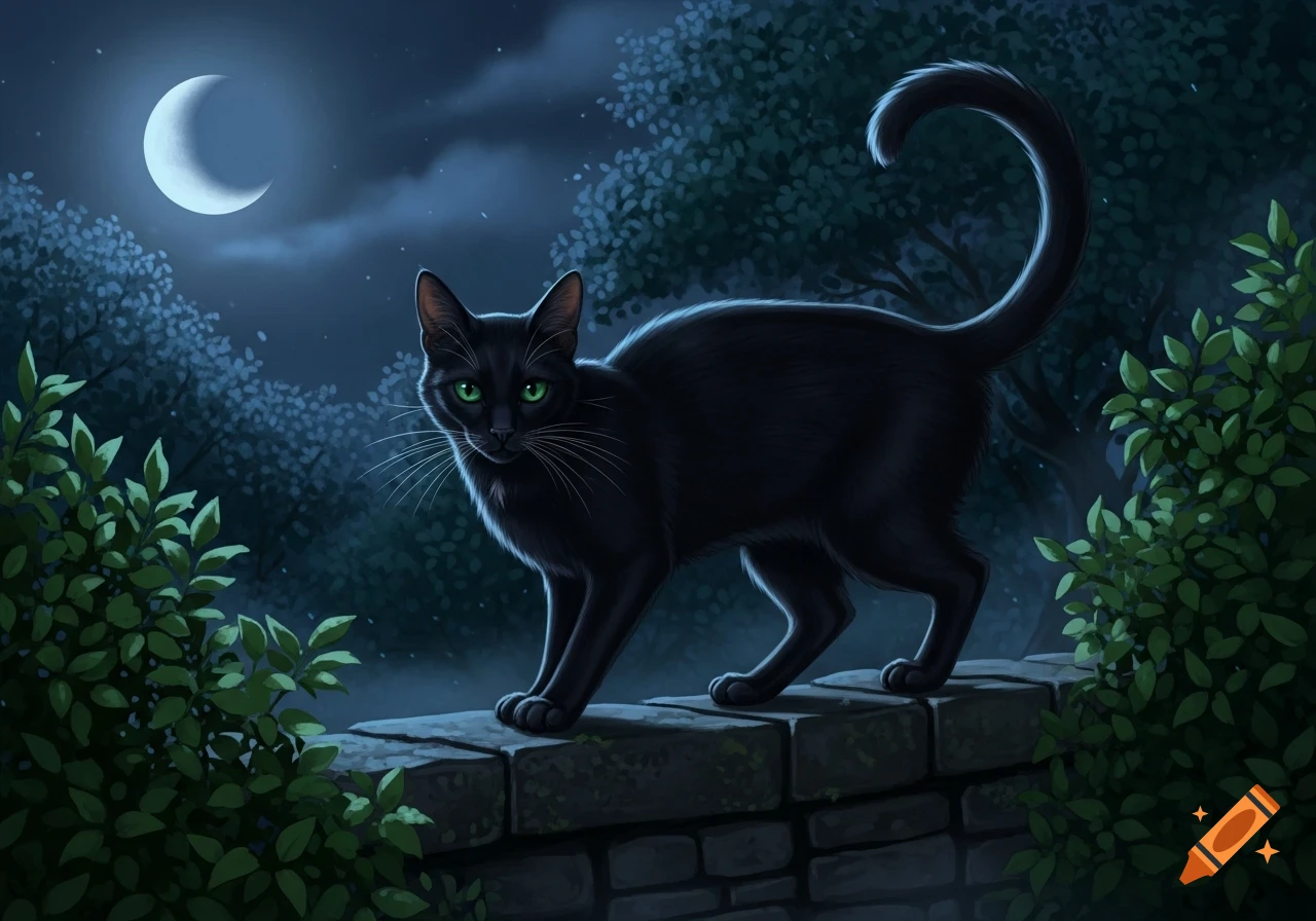 A sleek black cat with green eyes stands on a stone wall at night ...
