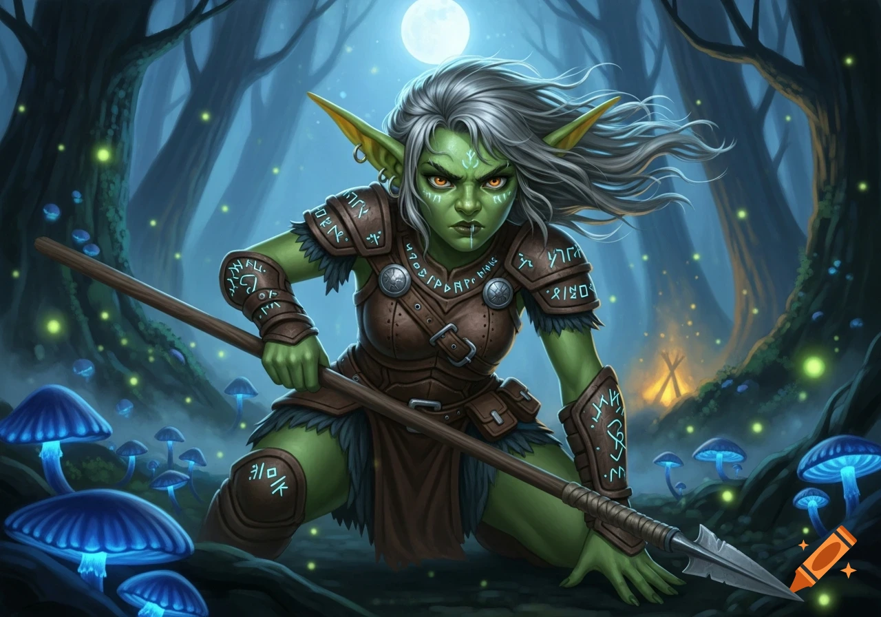 A fierce green-skinned goblin warrior with silver hair and glowing runic armor kneels in a magical forest with bioluminescent mushrooms under a full moon.