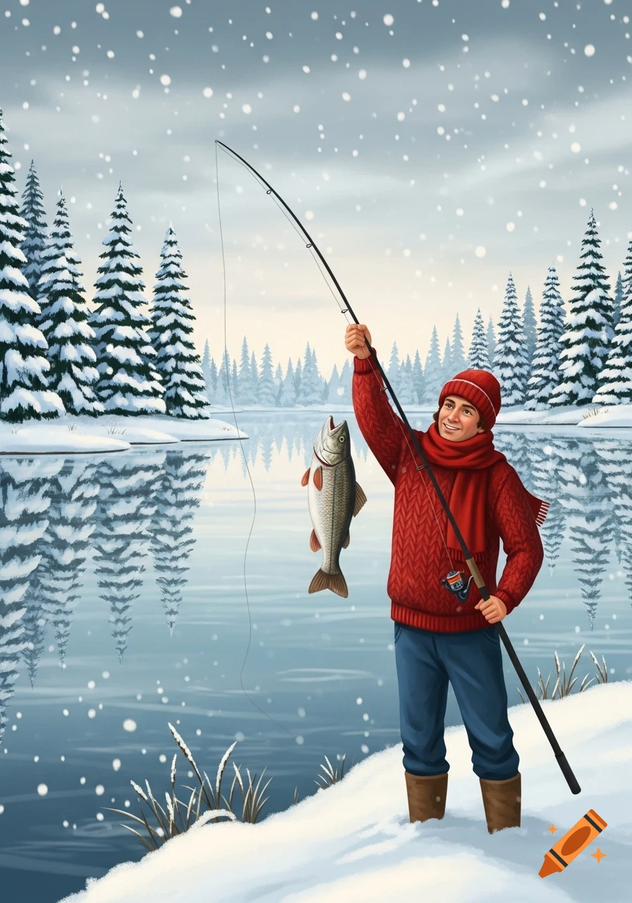 A smiling man in a red sweater and hat holds a caught fish by a snowy lake with pine trees and falling snow.
