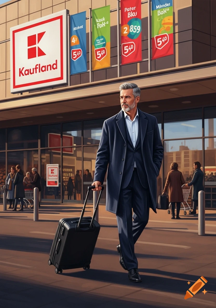 A man in a dark suit and coat walks with a rolling suitcase in front of a Kaufland store building under a sunny sky.