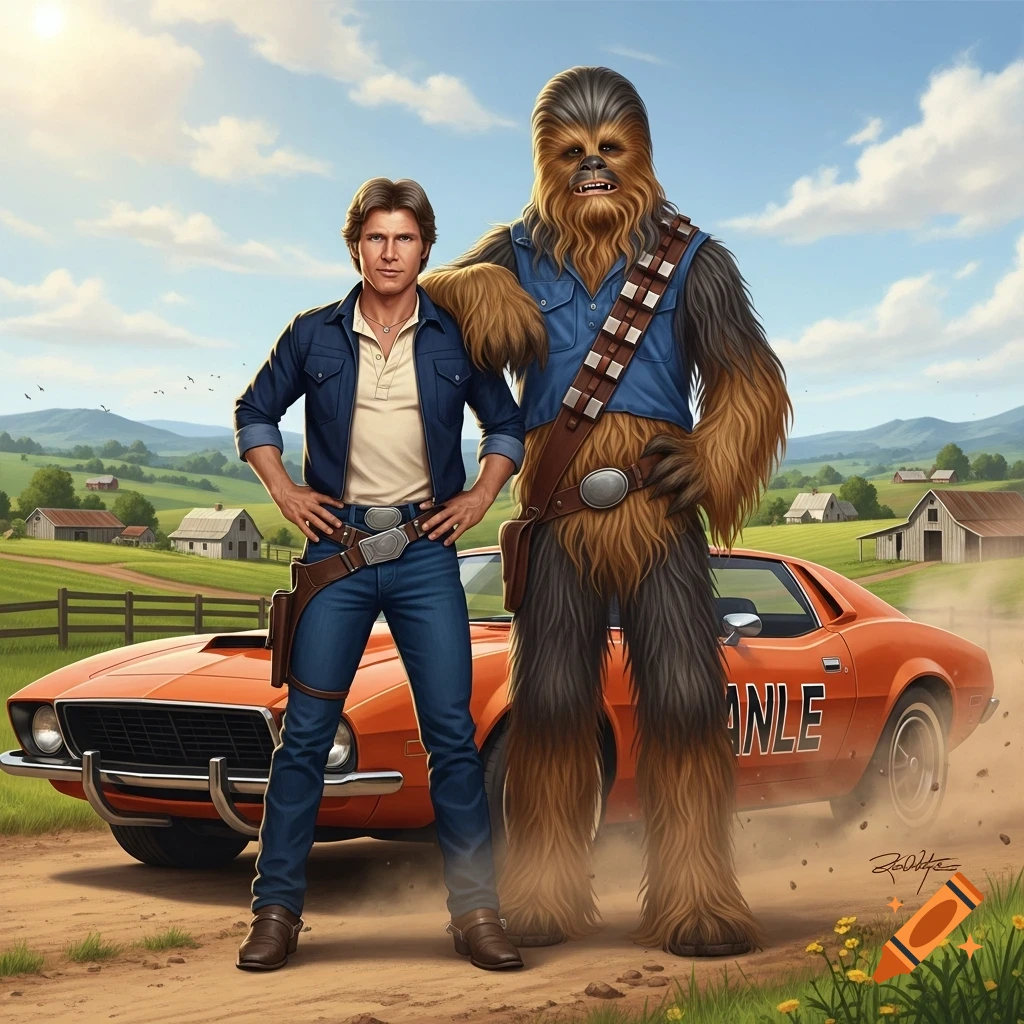 Han Solo and Chewbacca stand by an orange car on a dirt road in a rural landscape, in an illustrated style.