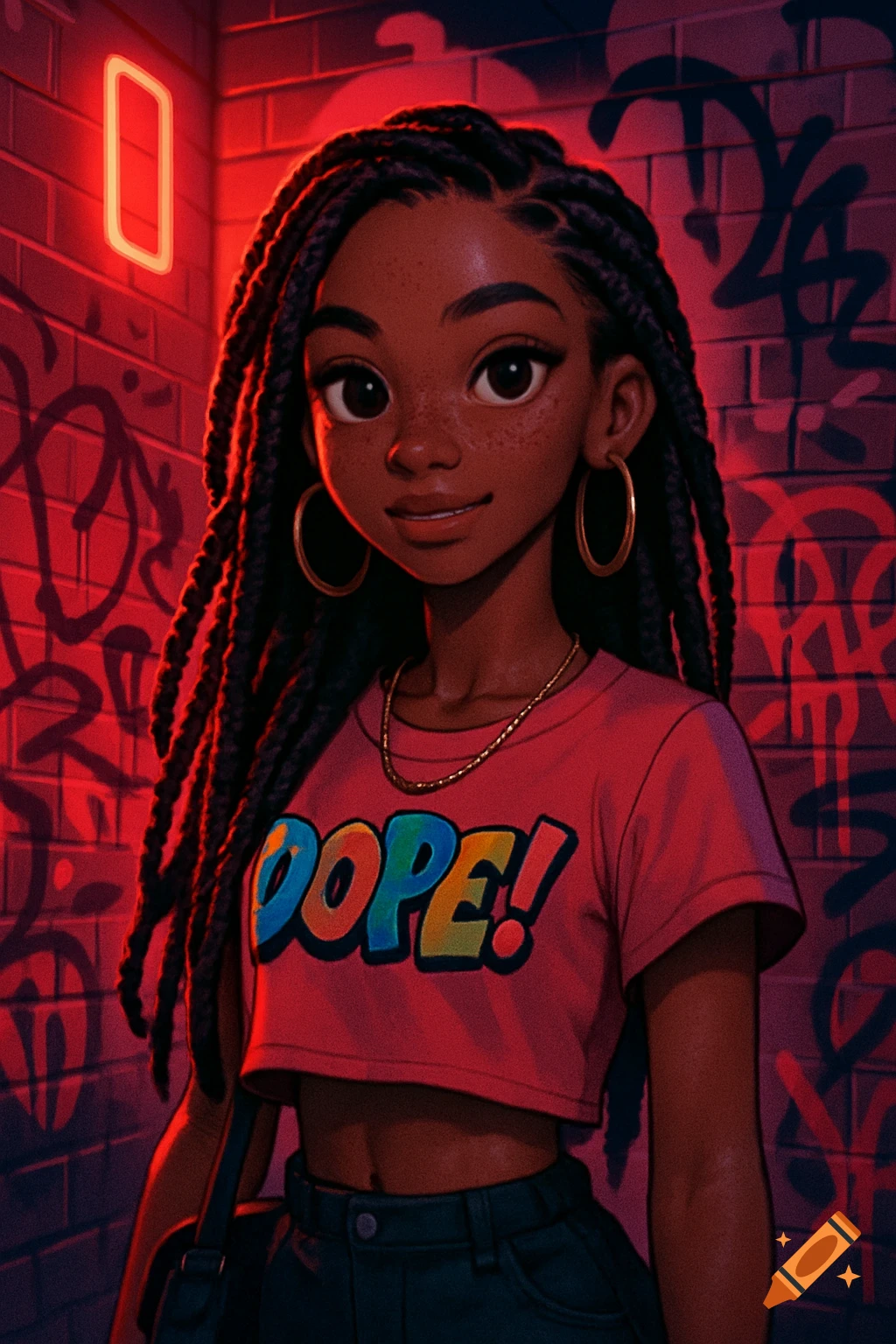 Stylized cartoon of a young woman with braids, gold hoops, and a 'DOPE!' crop top, against a red neon graffiti wall.