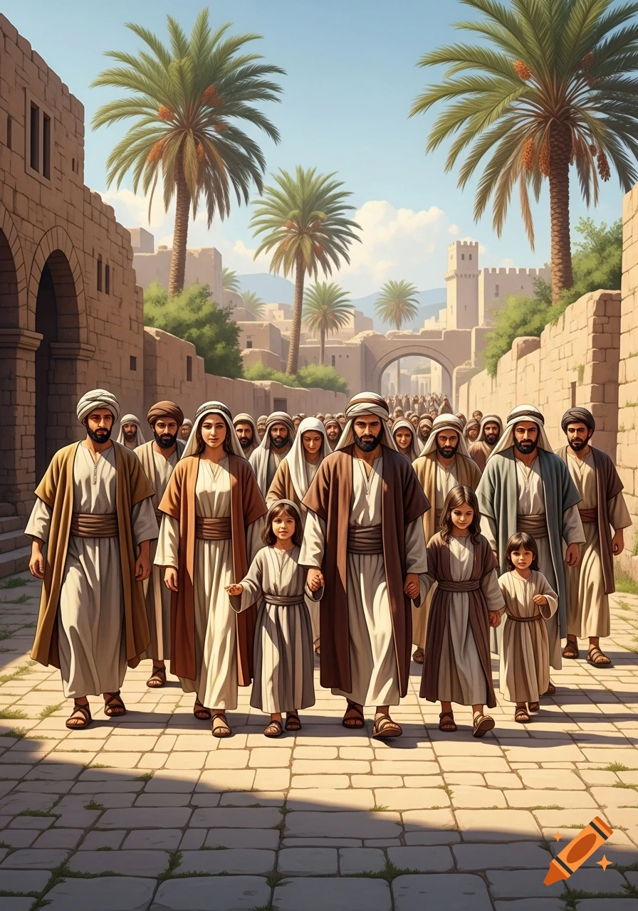 Ancient Jewish people, including men, women, and children, walk down a paved road in a sunny, walled Middle Eastern city with palm trees.