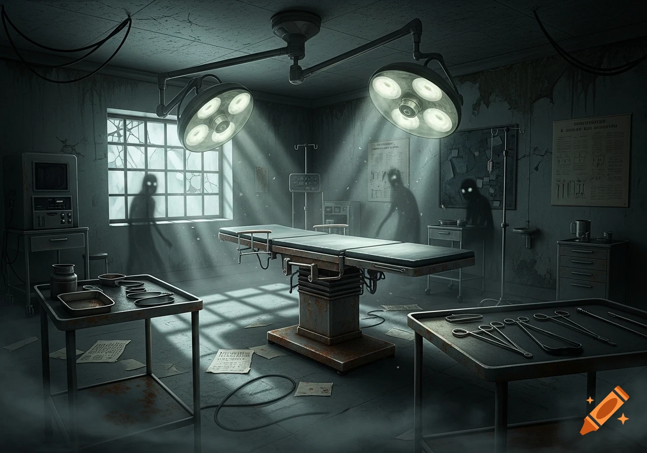 A dark, eerie operating room with an old surgical table, bright lights, scattered instruments, and shadowy figures with glowing eyes.