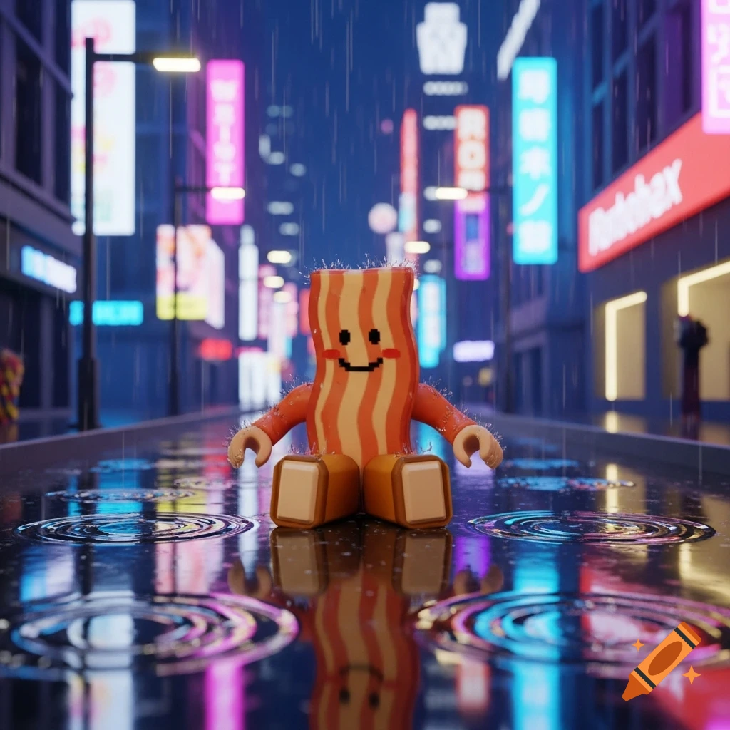 A cartoon Roblox-style bacon character sitting in a puddle on a rainy city street at night, surrounded by colorful neon signs.