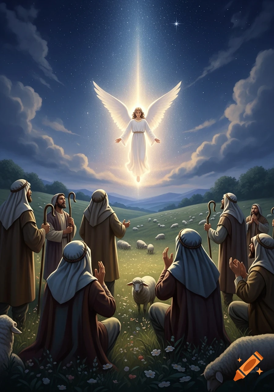 An ethereal angel descends from a starry night sky over a grassy field, as shepherds and sheep gaze up in awe.