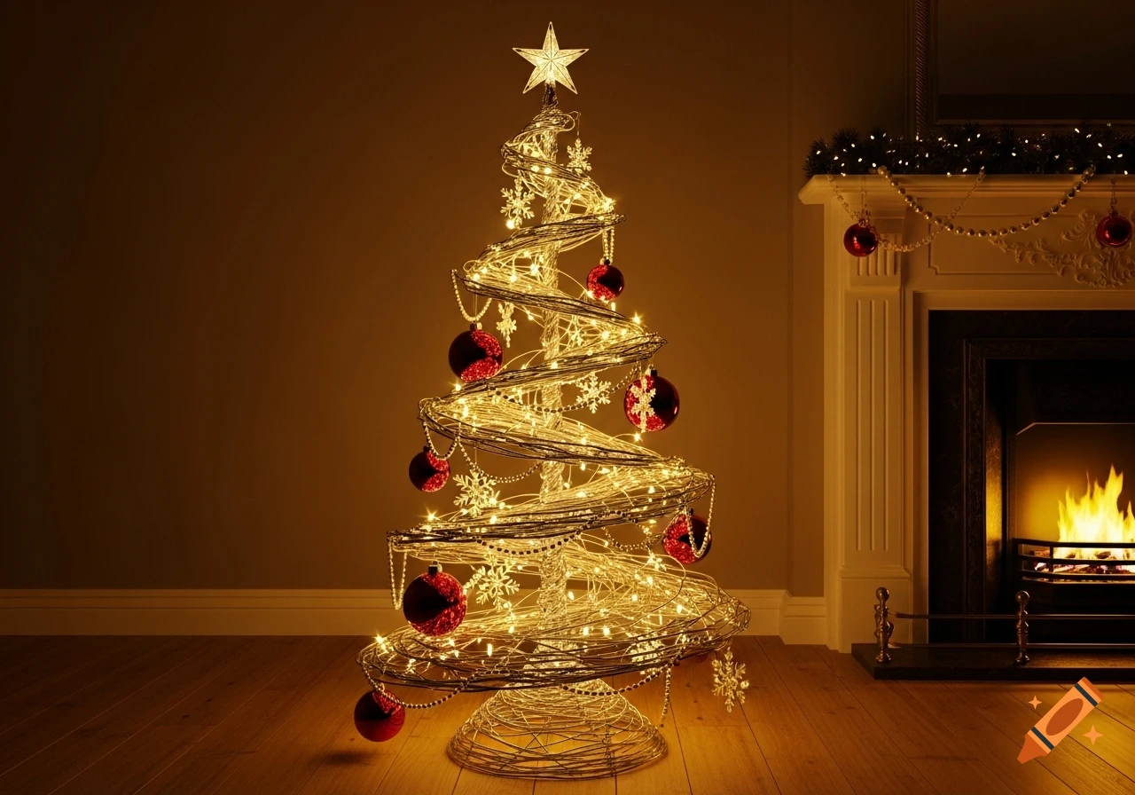 A golden and silver wired Christmas tree with red ornaments and glowing lights, next to a fireplace with a burning fire.