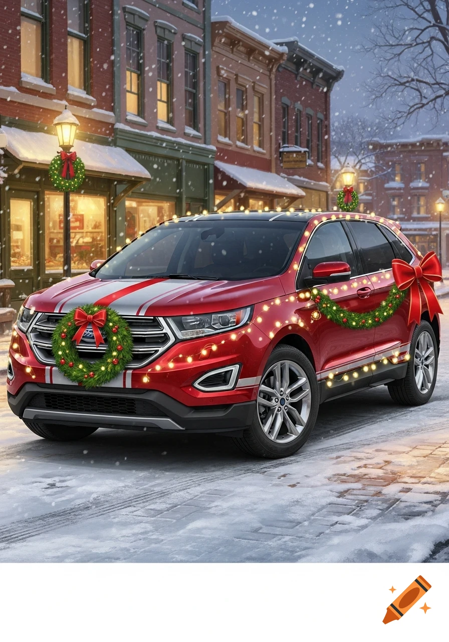 Red Ford Edge SUV decorated with Christmas lights, wreaths, and bows, parked on a snowy city street at dusk.