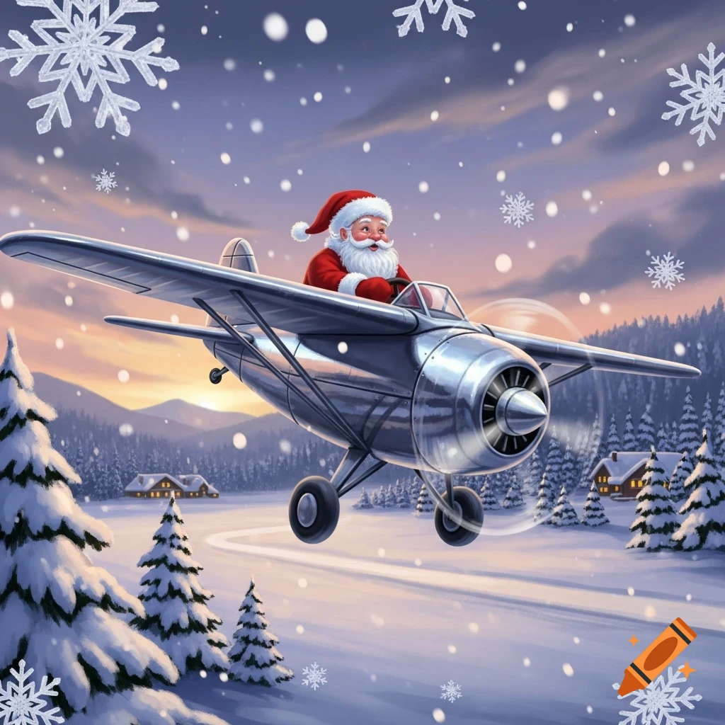Santa Claus flying a silver propeller plane over a snowy winter landscape with houses, trees, and falling snowflakes.