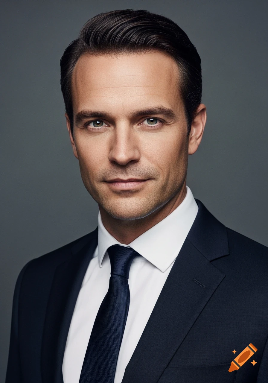 A confident man in a dark blue suit and white shirt with a navy tie, looking directly at the camera with a slight smile. Photorealistic studio portrait on a gray background.