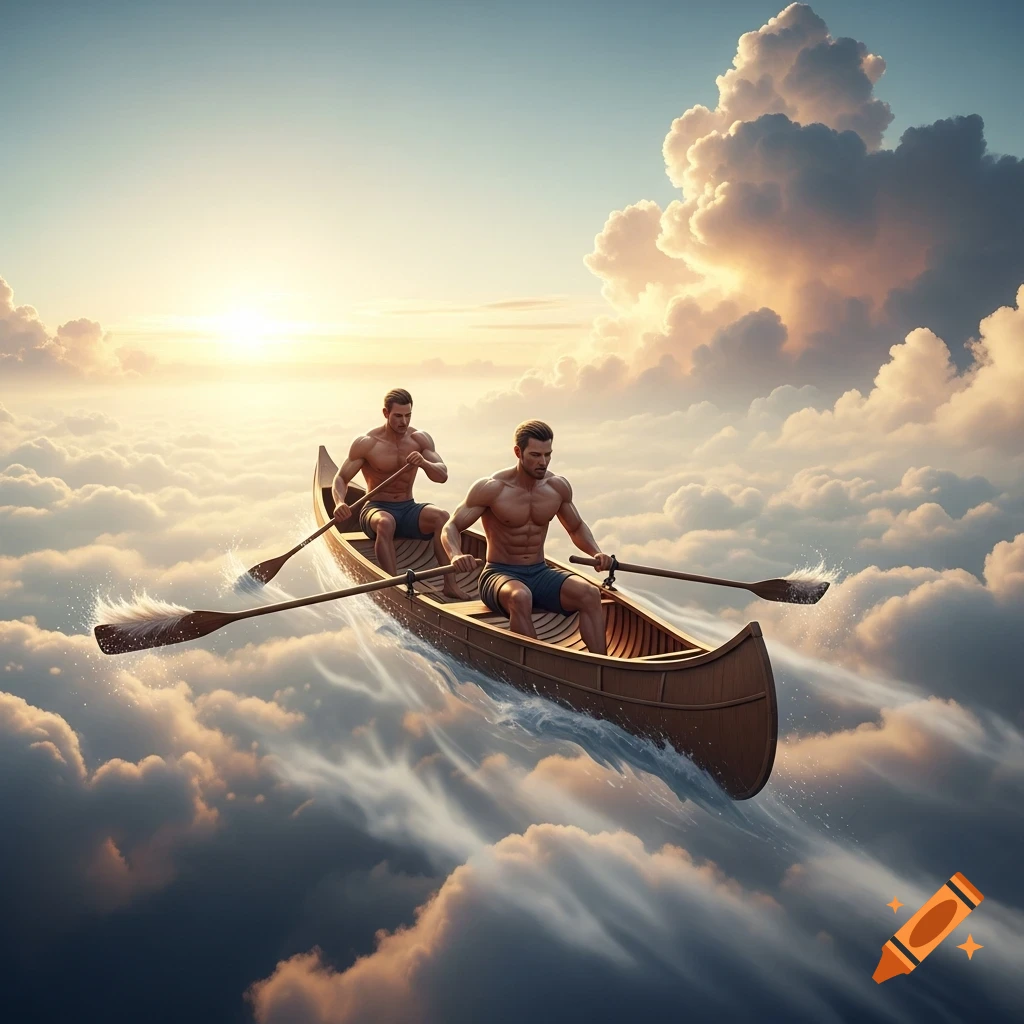 Two shirtless men row a canoe through clouds in the sky during a sunset, photorealistic style.