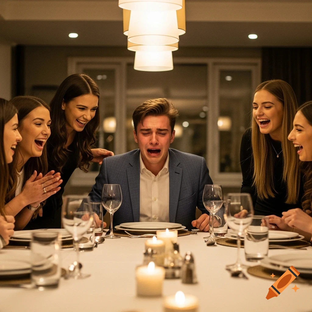 A young man cries at a dinner table while four young women around him laugh loudly, in a warm, low-lit setting.