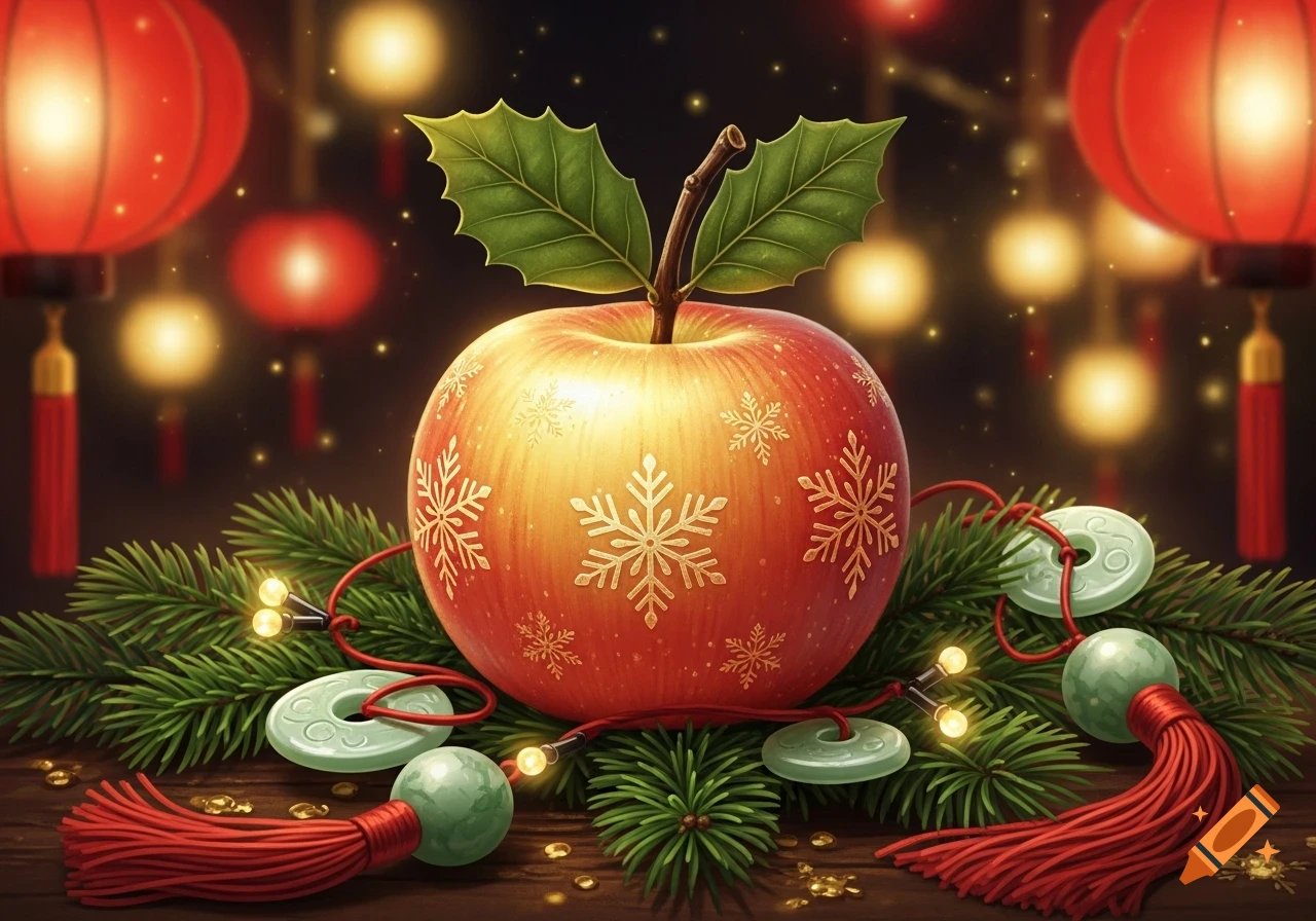 A festive apple decorated with snowflakes, holly, pine branches, string lights, jade ornaments, and red tassels, with blurry lanterns.