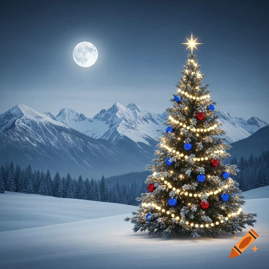 A decorated Christmas tree with warm lights and red and blue ornaments in a snowy mountain landscape at night under a full moon.
