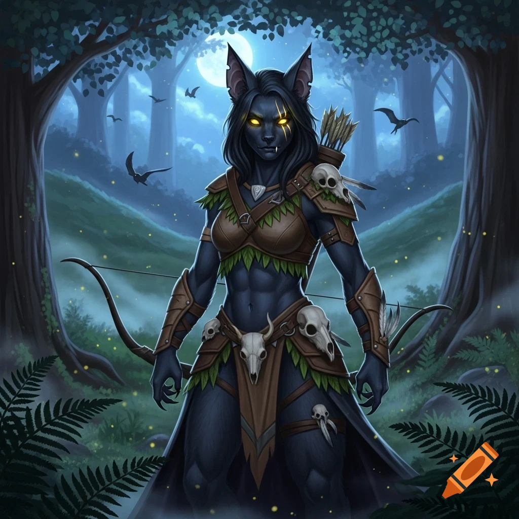 A black-furred female bat folk ranger with glowing yellow eyes and a scar stands in a moonlit fantasy forest, holding a bow.