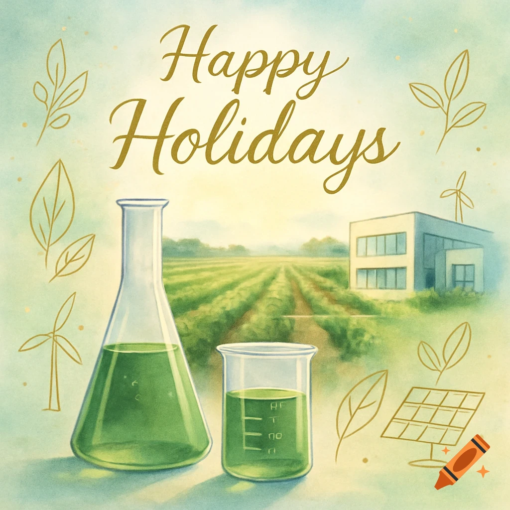 An illustrated "Happy Holidays" greeting card with green beakers and a flask in front of a farm field, a modern building, wind turbines, solar panels, and decorative leaves.